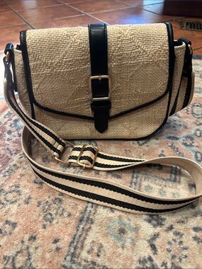 Neutral Woven Crossbody Bag with Black Trim and Striped Strap